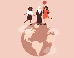 Happy women support each other with love. Three mothers from different ethnicities, religions stands together on top of the earth or planet . Concept of feminism, mother's day and Women's empowerment.