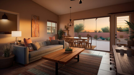 Fototapeta na wymiar Living room in a home in the American southwest by generative AI
