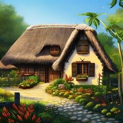 Fototapeta na wymiar a rustic farmhouse with a thatched roof and a small veggie garden in the front3, Generative AI