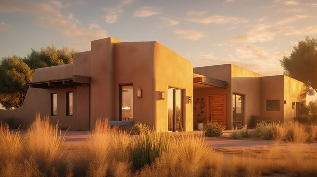 A modern adobe home in New Mexico at sunset by generative AI