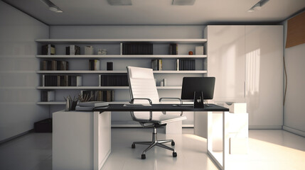 a bright modern office with large desk
