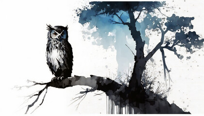 owl sitting on branch, isolated on white background - watercolor style illustration background by Generative Ai
