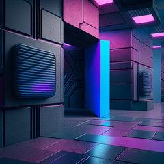 Neon lights Cyberpunk abstract 3d render of a modern interior hall. AI generative.