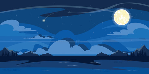 Vector illustration night on the river in cartoon style. Night landscape of the starry sky in blue tones. The full moon illuminates the area and a shooting star against the backdrop of the river.