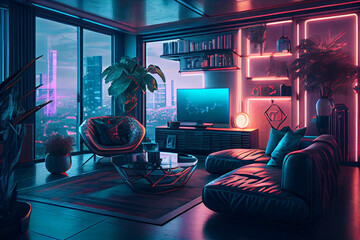 Cyberpunk modern living room interior with neon light illumination in the evening. Futuristic bedroom, luxurious room with round shapes and soft neon light