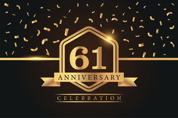 61th years anniversary celebration luxury golden logo design with gold color numbers font in shinny frame with gold abstract design on black background 