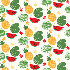 Vector summer seamless pattern with tropical leaves and fruits.
