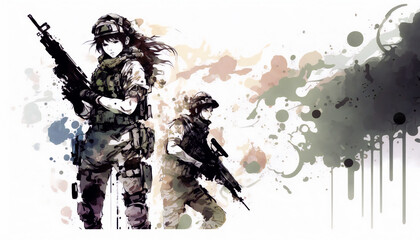 Female Soldiers in Combat Zone, isolated on white background - watercolor style illustration background by Generative Ai