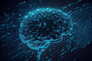 Human brain on electronic circuit board. 3D illustration of the concept of artificial intelligence and brain-chip interface development.