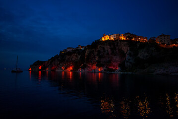 Old city on a rock in Agropoli in the evening.