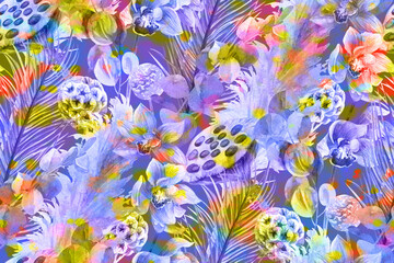 Bright summer pattern with seamless pattern with tropical plants. Mix of botanical multicolor silhouettes and orchid flowers for modern textile and surface design