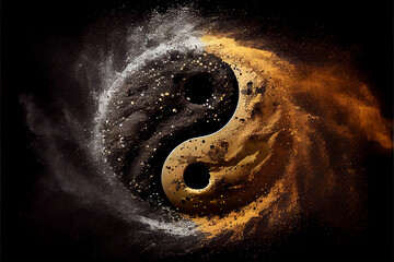 Yin yang on a black canvas. Golden and black yin yang symbol with floating powder - obrazy, fototapety, plakaty