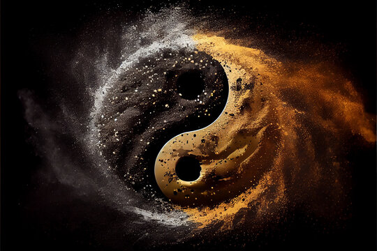 Yin yang on a black canvas. Golden and black yin yang symbol with floating powder