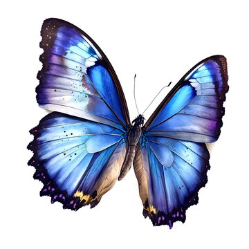 Butterfly isolated on white background, blue butterfly drawn in watercolor, generative ai illustration
