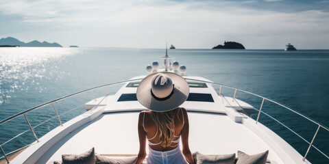 view from behind woman relaxing on a luxury boat. Generative ai - obrazy, fototapety, plakaty