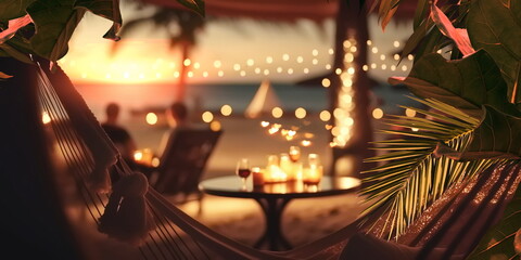  evening on the beach at sea luxury resort candles burn on the tables of a beach cafe, hammock with cozy pillows ,tropical plant and flowers holiday vacation travel background,generated ai