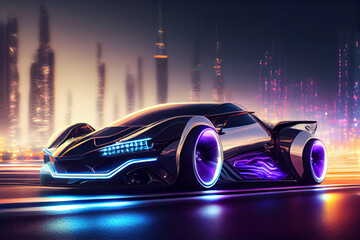 Tuned Sport Car , cyberpunk Sports Car On Neon Highway. Powerful acceleration of a supercar on a night track with colorful lights and trails. 3d render, neons, cybercity background.