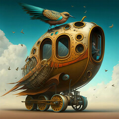 A mechanical vehicle, an illustration of a surreal bird with a mechanical structure. Generative AI