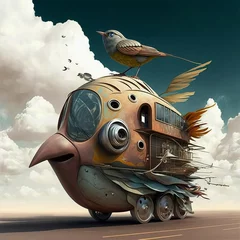 Fotobehang Schilderkunst A mechanical vehicle, an illustration of a surreal bird with a mechanical structure. Generative AI