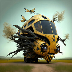A mechanical vehicle, an illustration of a surreal bee with a mechanical structure. Generative AI