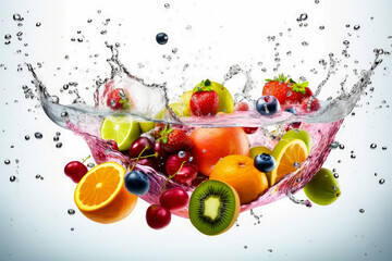 Fresh fruits splashing in water on white background, generative ai  © GHart