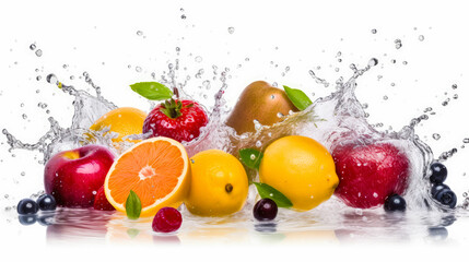 Fresh fruits splashing in water on white background, generative ai 