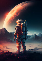 Astronaut explores space being desert mars. Astronaut space suit performing extra-cosmic activity space against stars and planets background.