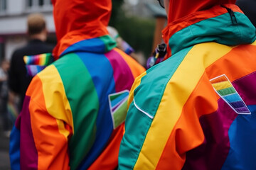 two guys at a pride festival wearing matching rainbow coloured raincoats,  Created using generative AI tools.