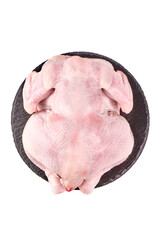 Raw Whole Uncooked Chicken, isolated on white background.