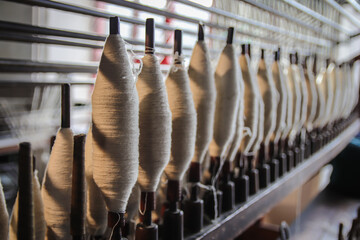 Lime of vintage antique primitive cotton weaving mill pirn bobbins, steel white cotton thread, Made...