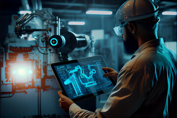 Smart industry robot arms for digital factory production technology showing automation manufacturing process of the Industry 4.0 or 4th industrial revolution and IOT software to control operation .