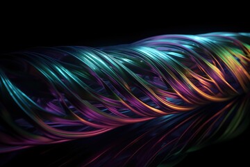Iridescent light warping, neon lights fascicles waving and twisting on black background, futuristic abstract technology background, Generative AI