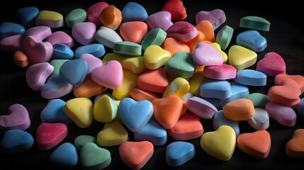 Candy hearts in various colors, a lot of colorful heart shape pills in pastel colors, generative AI