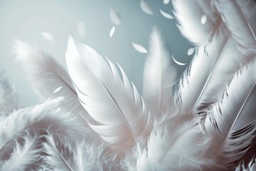 Delicate elegant white falling feathers background. Generative AI