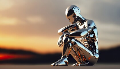 Sitting and thinking metallic robot . Creative illustration. (Ai Generate)