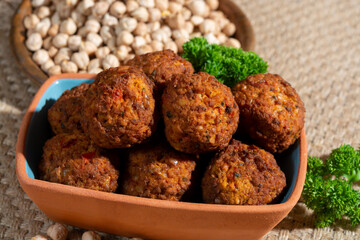 Cooking of healthy vegetarian food, tasty chick pea falafels
