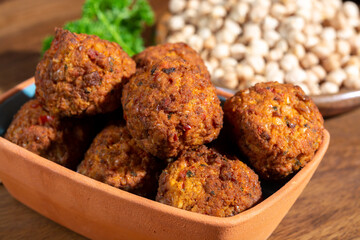 Cooking of healthy vegetarian food, tasty chick pea falafels