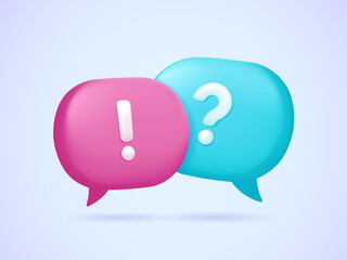 Pink and blue message bubble with question and exclamation marks. Frequently asked questions, faq, support, questions and answers concept. 3d vector icon set for web site, banner, landing page.