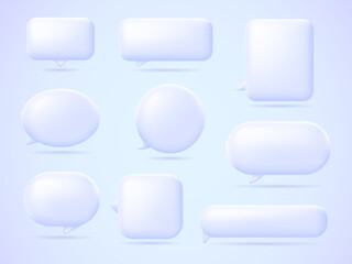 White chat bubble, message icon, empty dialogue 3d vector icon collection. Speech bubbles message with blank space for text. Vector illustration set for web site, banner, landing page.