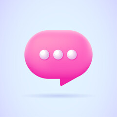 Pink 3d chat message icon with dots. Chat, dialogue, online support, messenger, discussion concept. Modern and trendy three dimensional for web site, landing page design, banner. 