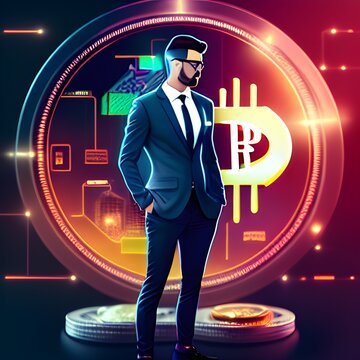 Empresario con fondo de criptomoneda y tecnologia