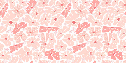 Seamless pattern with groovy daisy flowers. Floral horizontal transparent background. Vector Illustration. Aesthetic modern art hand drawn for wallpaper, design, textile, packaging, decor.