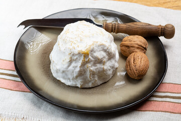 Cheese collection, soft cow French cheese with mold Gaperon artisanal lavored with cracked peppercorns and garlic produced in Auvergne