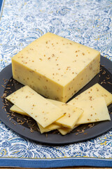 Cheese collection, piece of cow milk Dutch gouda cheese with dried aromatic cumin seeds close up