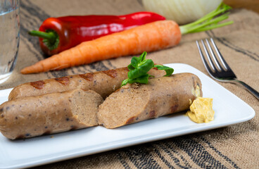 Tasty vegan sausages made from vegetarian plant based soya beans imitation meat