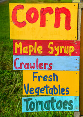 Colorful farmstand sign on a sunny summer day with green grass is the background