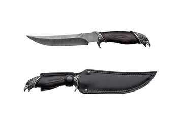 Damascus steel hunting knife. Decorative handle made of wood and metal in the form of an eagle's head. Leather case. Isolate on a white back.