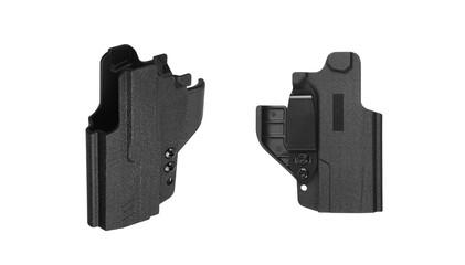 Plastic holster for a pistol. Accessory for convenient and concealed carrying of weapons. View from...