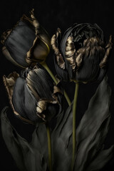 Generative AI. Vintage black tulips with gold on a dark background

