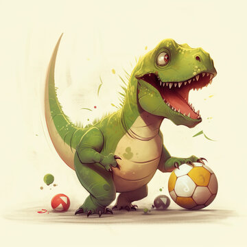 little rex dinosaur holding a soccer ball